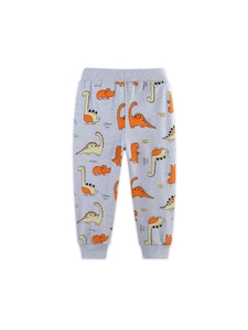 Boy's grey jogger pants with orange dinosaur prints and ribbed cuffs in soft cotton
