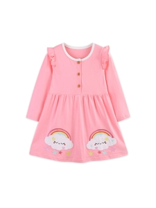 Pink toddler girl princess dress with rainbow embroidery and ruffled shoulders