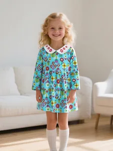 Robe à Manches Longues pour Filles Imprimé Floral Avec Col Claudine Brodé en Coton Doux Princesse Ligne A Automne Printemps