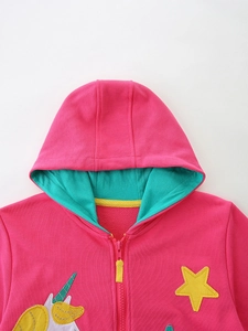 Girls unicorn hoodie in rose red with blue lined hood and yellow zipper accent