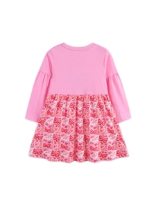 Pink long sleeve girls dress featuring butterfly and floral print on the skirt