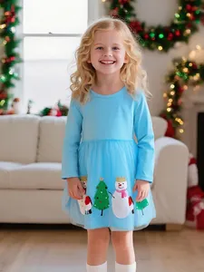 Girls Christmas Long Sleeve Dress Sky Blue Cotton Tulle Princess Dress With Snowman Tree Applique For Toddler Kids