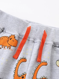 Grey kids joggers featuring orange dinosaur prints with elastic waist and drawstring