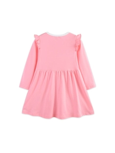 Pink long sleeve cotton princess dress for girls with white collar and ruffle details