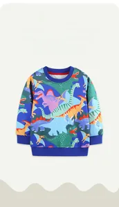Detail of colorful dinosaur cartoon print and royal blue ribbed neckline on kids sweatshirt