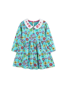 Robe princesse manches longues pour fille verte avec imprimé floral et col Claudine blanc