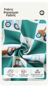 Close-up of 100% cotton fabric with checkered tractor pattern for boys sweatshirts