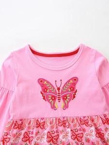 Pink long sleeve girls dress with butterfly embroidery and pleated floral skirt pattern