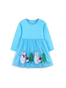Blue Christmas girl dress with long sleeves and mesh skirt featuring snowman embroidery