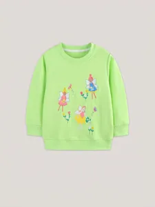 Neon green girls sweatshirt with fairy and butterfly embroidery and ribbed cuffs