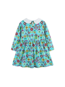 Robe à manches longues pour filles avec imprimé floral sarcelle et col Peter Pan blanc