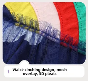 Detail of colorful striped knit fabric with navy mesh splicing and pleated waist design