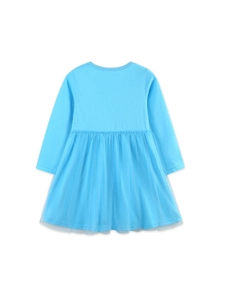 Back view of light blue long sleeve mesh tulle princess dress for toddler girls