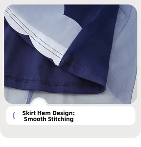 Detail of navy blue mesh tutu skirt hem with precise white edge stitching and knit fabric