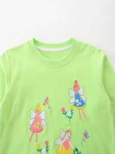 Neon green girls sweatshirt with exquisite fairy and flower embroidery and ribbed crewneck