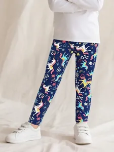 Leggings en Coton à Imprimé Licorne de Dessin Animé pour Filles Pantalon Slim à Taille Élastique Bleu Marine