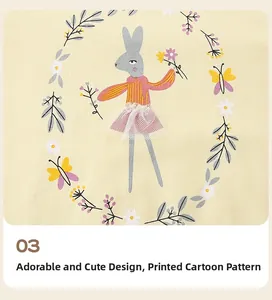 Detail of cute grey cartoon rabbit with floral wreath print on beige cotton sweatshirt