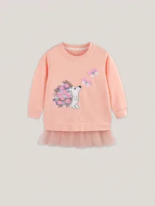 Pink girls long sleeve sweatshirt dress with hedgehog embroidery and tulle hem details