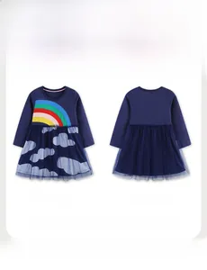 Front and back view of long sleeve navy blue tulle dress with rainbow embroidery detail