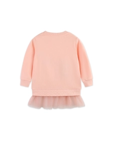 Pink crewneck sweatshirt dress for girls featuring embroidered animal and tulle tutu hem