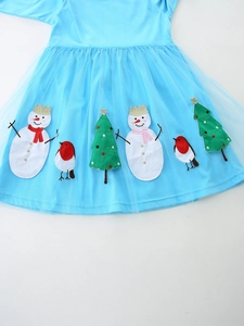 Sky blue girls Christmas dress with festive snowman and tree applique mesh skirt