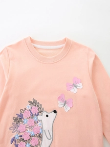 Pink orange children sweatshirt with detailed hedgehog and butterfly floral embroidery