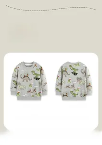 Front and back detail of light grey cotton sweatshirt with colorful dinosaur prints