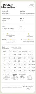 Size guide for girls 100% cotton long sleeve sweatshirt with measurements from 2Y to 7Y
