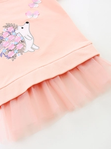 Pink girl's long sleeve top with polar bear embroidery and layered mesh tulle hem