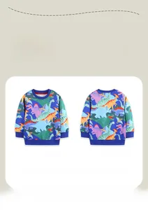 Front and back views of boys royal blue dinosaur print sweatshirt with ribbed cuffs