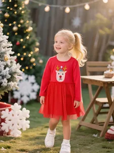 Robe de Princesse de Noël pour Filles Renne Manches Longues Coton et Tulle Rouge Robe de Fête Festive