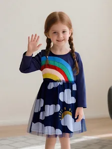Toddler Girls Long Sleeve Rainbow Mesh Dress Navy Blue Cotton Patchwork Tutu Dress For Autumn Spring Kids Party Clothing