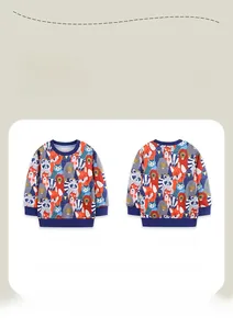 Close-up of boys' sweatshirt with cute forest animals print and blue ribbed cuffs