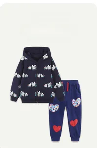 Close-up of navy blue cotton kids hoodie with cartoon squirrel print and heart embroidery