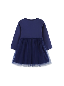 Rear view of navy blue long sleeve tulle princess dress for little girls with mesh skirt