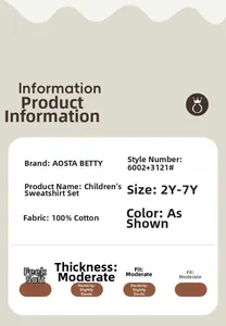 Detail chart of 100% cotton kids hoodie set with fabric specs and size 2Y-7Y