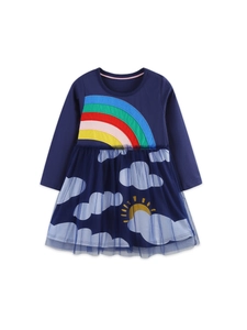 Girls long sleeve navy tulle princess dress with rainbow patch and sun cloud print