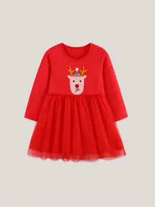 Robe de Noël rouge pour filles avec broderie renne et jupe en tulle multicouche