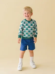 Boys Cartoon Tractor Printed Sweatshirt Checkerboard Green White Long Sleeve Pullover Soft Fabric Casual Kids Fashion Top