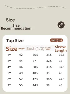 Detailed size chart for boys cartoon hoodie set with top measurements for ages 2 to 7 years