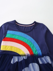 Dark blue long sleeve girls princess dress with rainbow patch and cloud mesh skirt