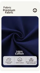 Close-up of dark blue 100% cotton knit fabric showing soft, breathable texture and detail