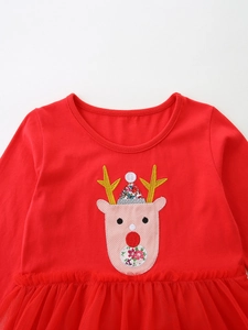 Robe de princesse de Noël rouge pour fille avec broderie de renne et jupe en tulle vaporeux