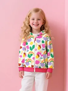 Veste à Capuche Zippée Fille Imprimé Dessin Animé Arc-en-ciel Manches Longues Mélange de Coton Manteau Automne Enfant