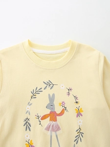 Girls pale yellow cotton sweatshirt with embroidered cartoon rabbit and floral frame