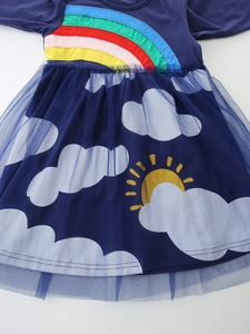 Navy blue girls tulle princess dress with rainbow applique and cloud patterns