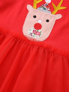 Robe de princesse de Noël rouge pour fille avec jupe en tulle et motif renne brodé