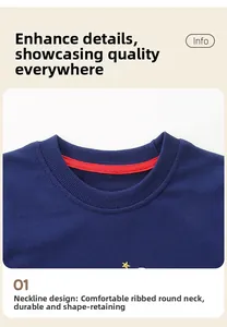 Detailed view of the comfortable ribbed crew neck with red reinforced inner tape on navy sweatshirt