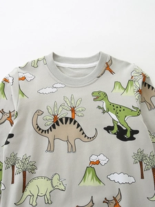 Light gray kids' crewneck sweatshirt featuring an all-over cartoon dinosaur print