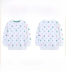 Detailed front and back view of girls' white crewneck sweatshirt with festive Christmas print